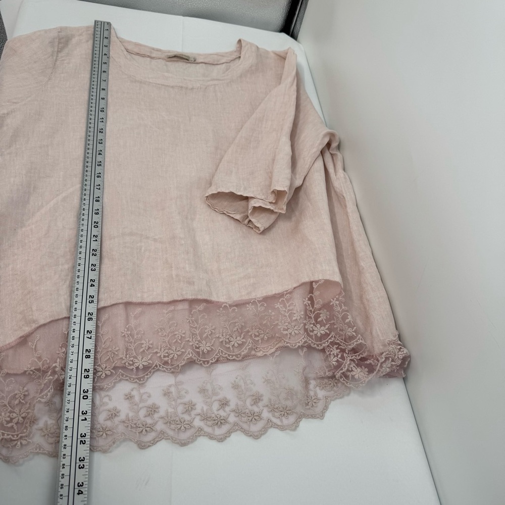 Stella Martini Women’s Size 1X Blush Pink Linen Tunic Top Lace Hem Scoop Neck - Picture 9 of 9